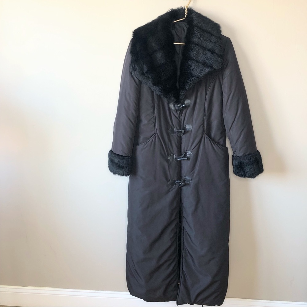 Vintage Women's Black Faux Fur collar Toggle buttons Long Maxi Coat M/L